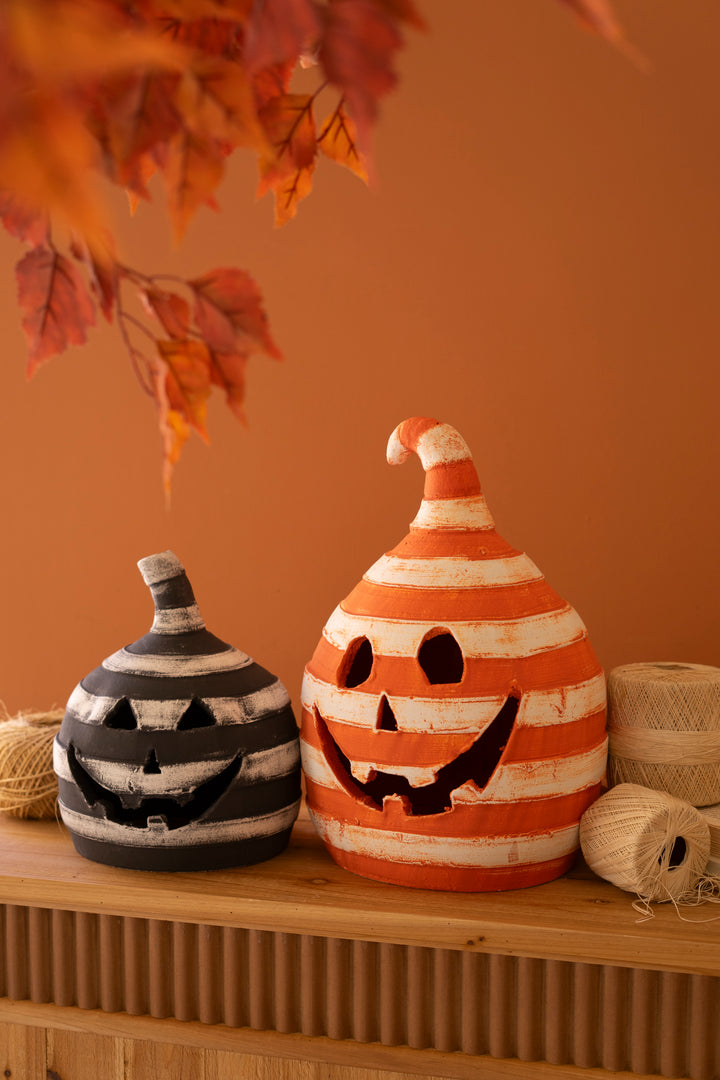 Set of 2 Painted Clay Striped Jack-O-Lanterns