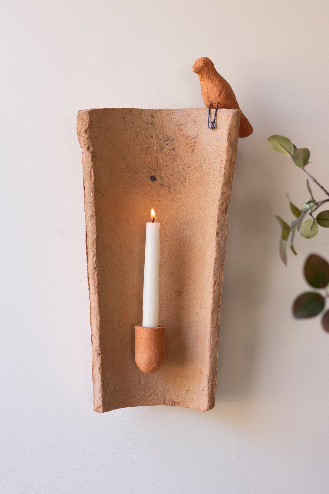 Clay Roofing Tile Candle Holder with Bird
