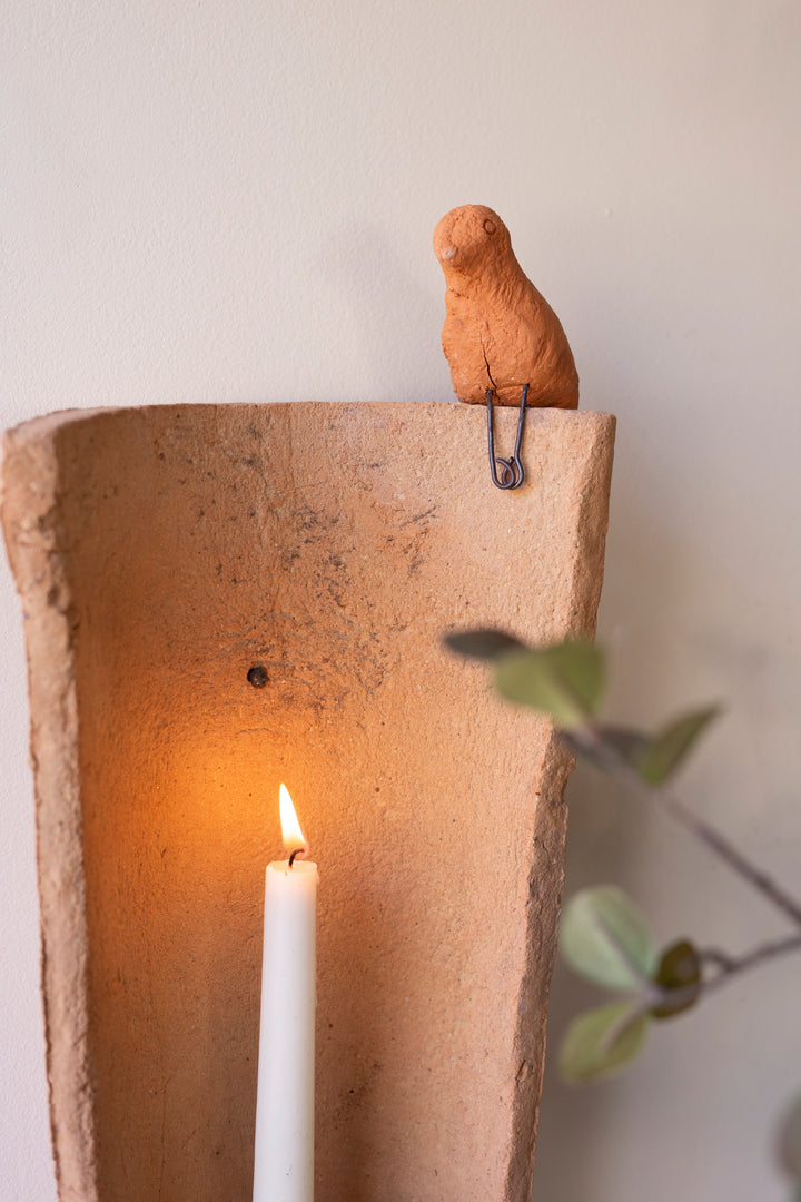 Clay Roofing Tile Candle Holder with Bird