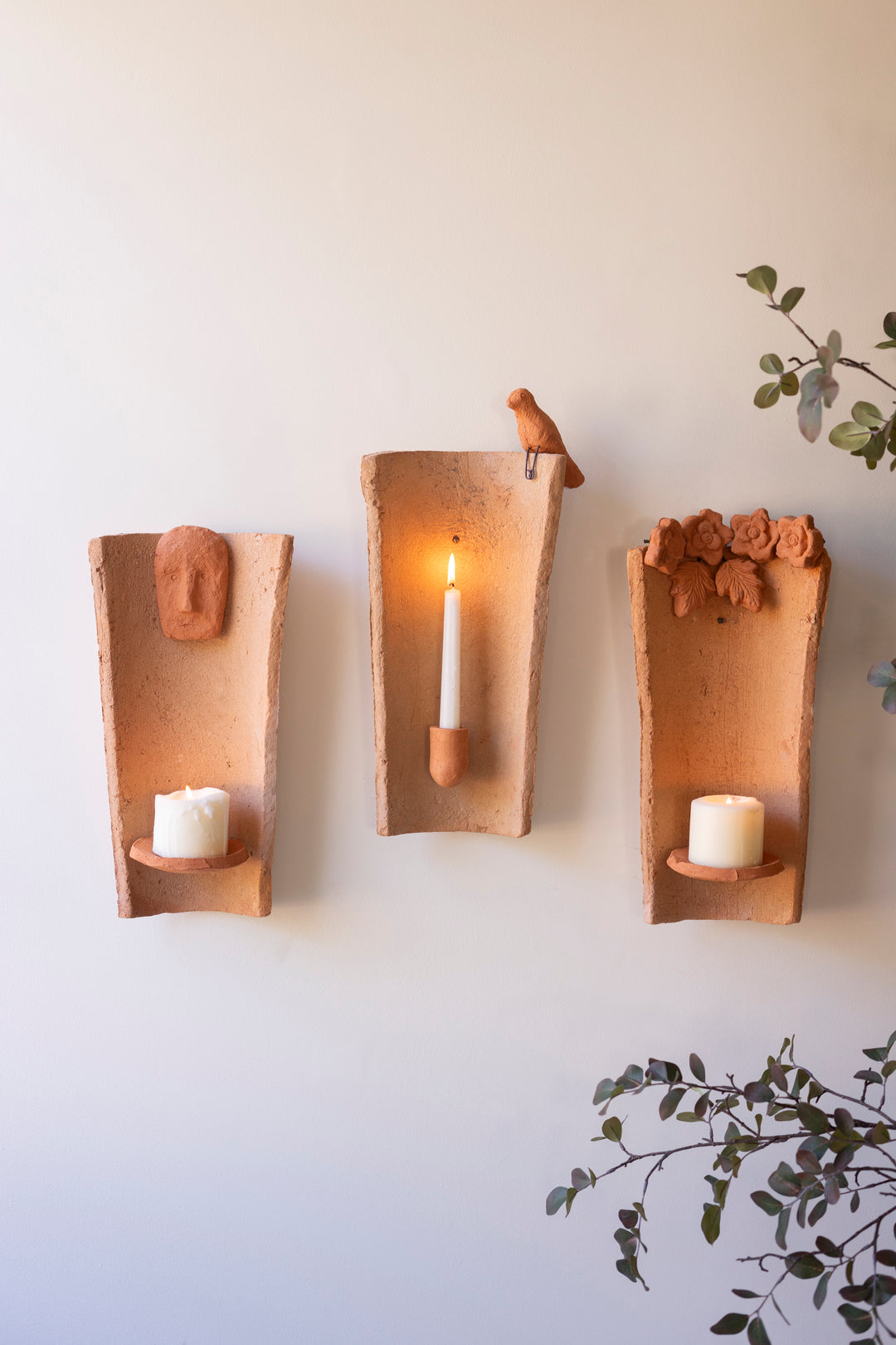 Clay Roofing Tile Candle Holder with Bird