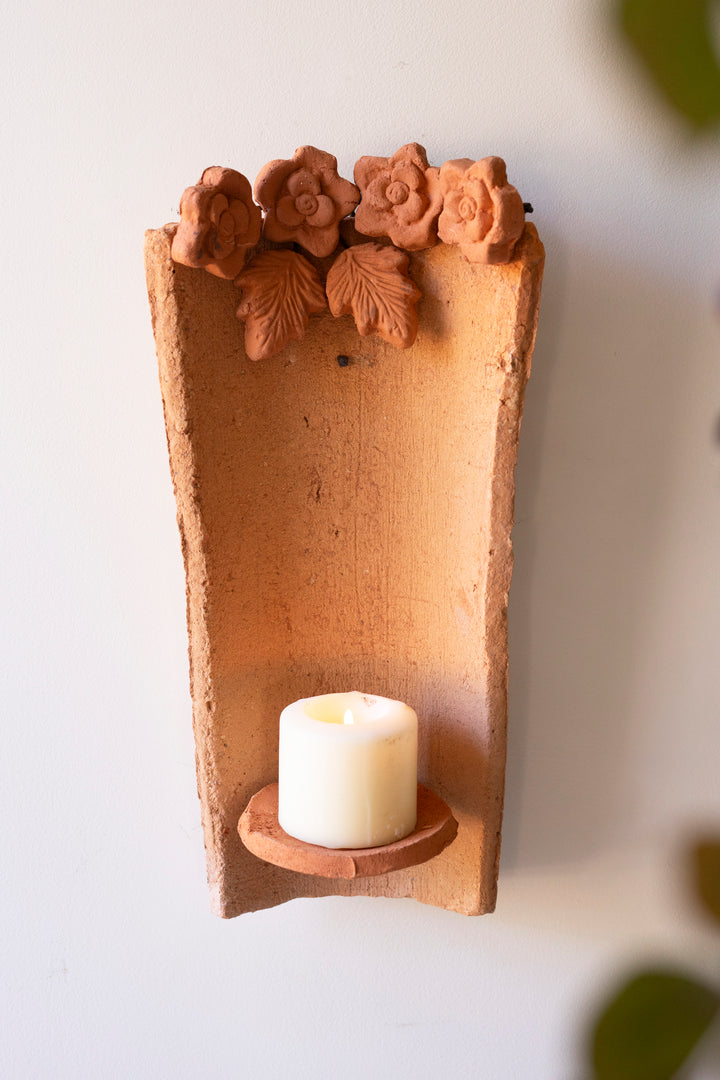 Clay Roofing Tile Candle Holder with Flowers