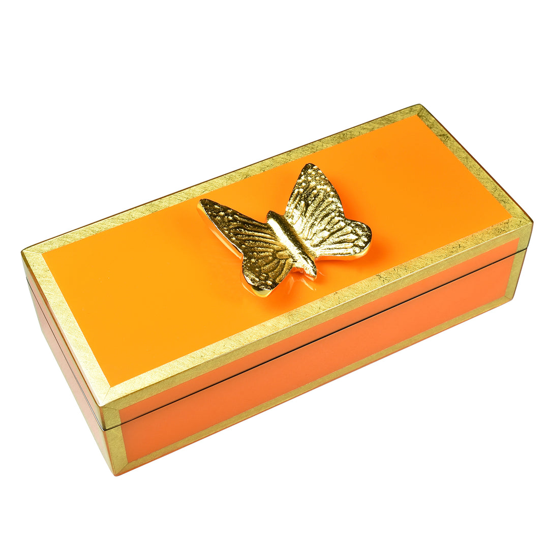 Lacquer Long Pencil Box (Orange with Shine Gold Leaf Gold Butterfly)