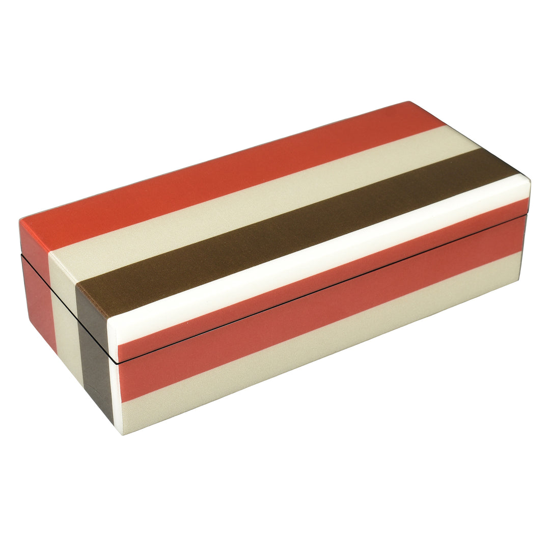 Lacquer Long Pencil Box (Red, Taupe, Dark Brown and White Stripe)