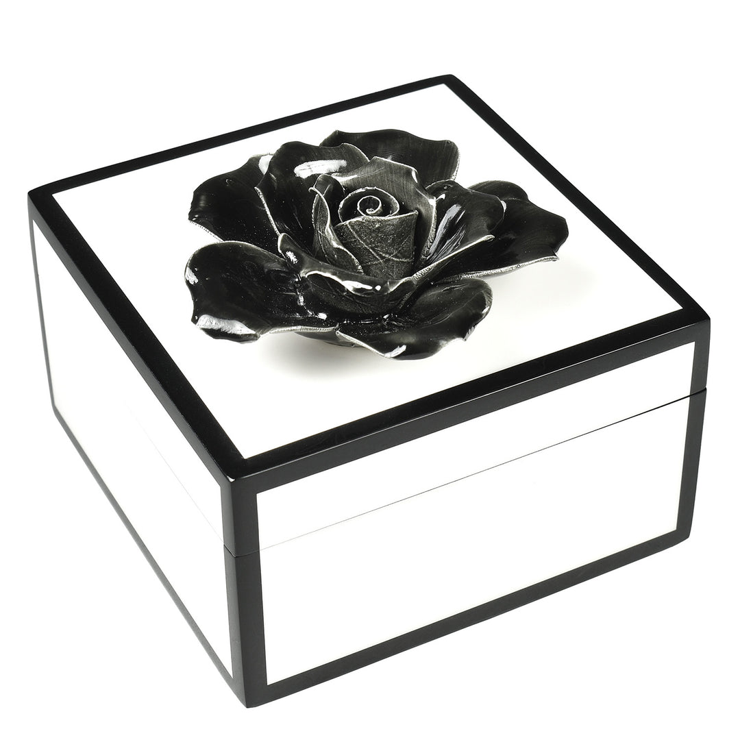 Lacquer Small Square Box (White with Black Trim Porcelain Black Flower)