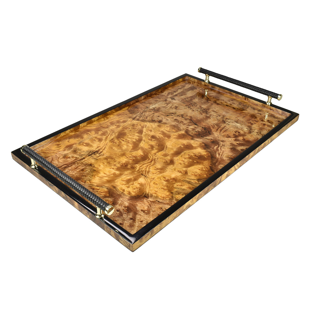 Lacquer Rectangle Tray w/Handle 22" (Walnut Burl with Black Trim)
