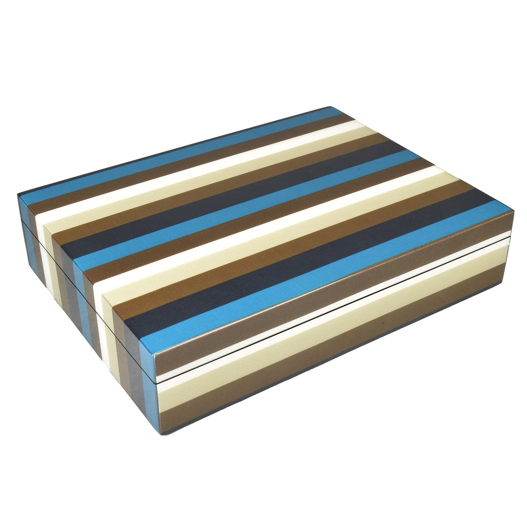 Lacquer Long Stationery Box 12.5 x 9.5 (Blue, Dark Brown, Taupe and White Stripe)