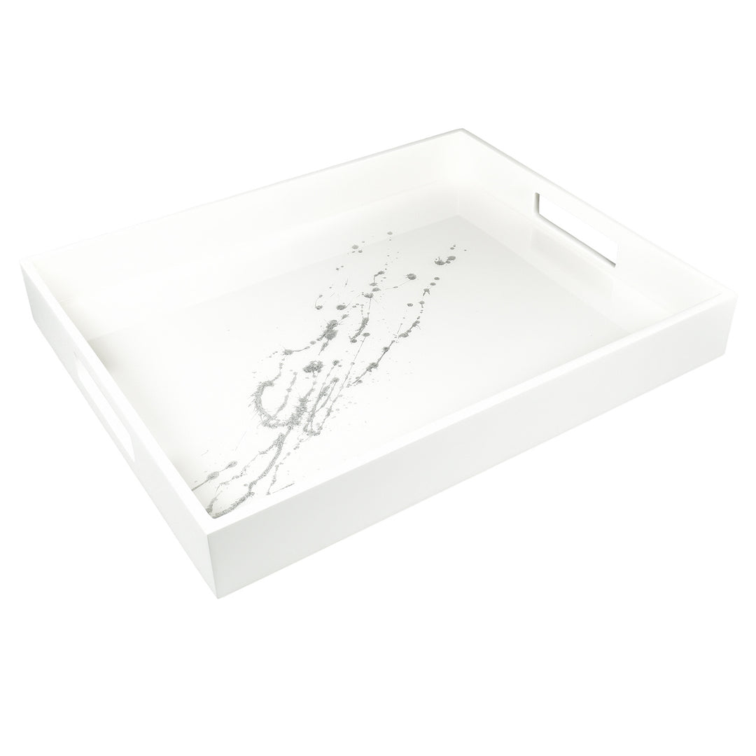 Lacquer Small Rectangle Tray 15"x 12" (Artful Silver with White)