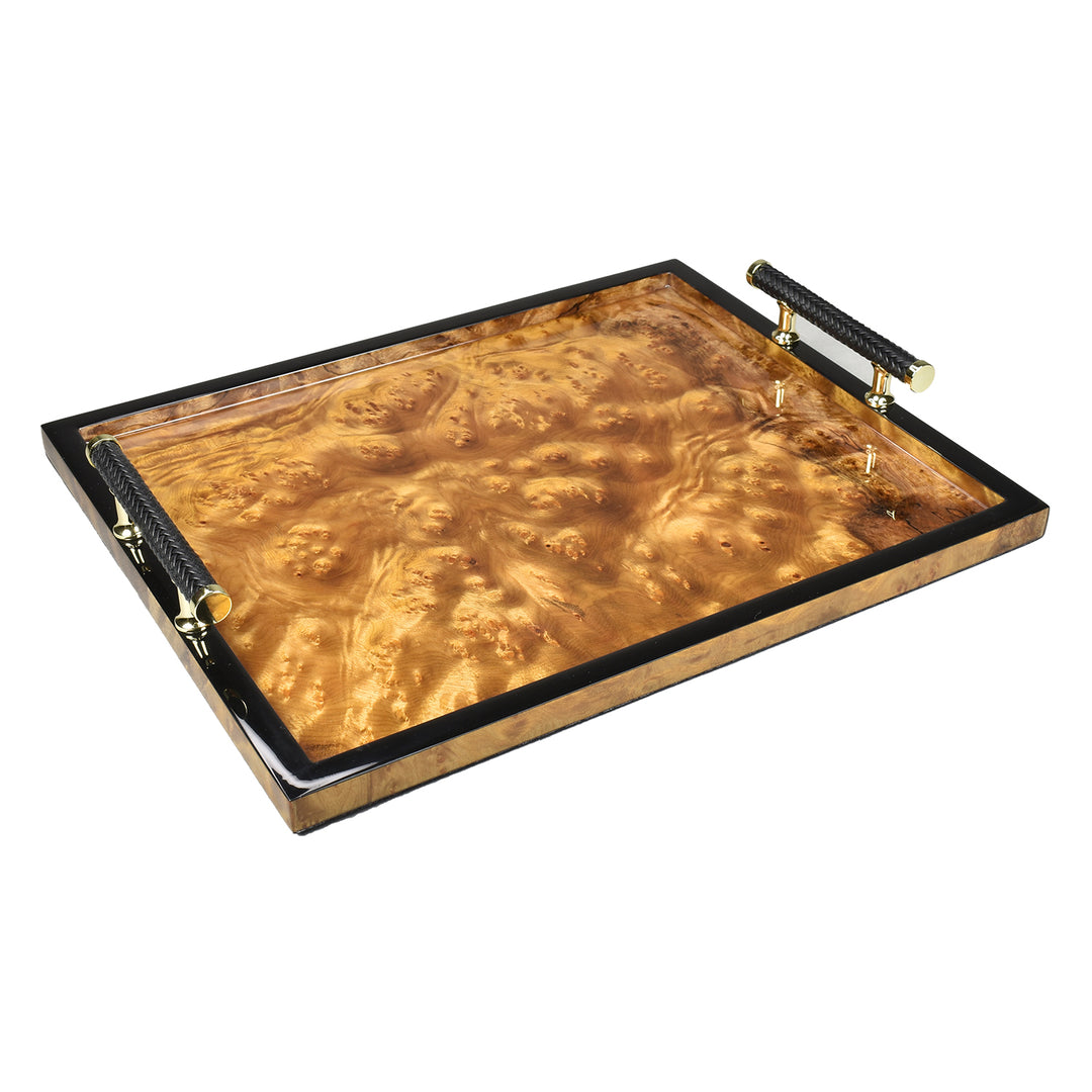 Lacquer Small Rectangle Tray w/Handle 15" (Walnut Burl with Black Trim)