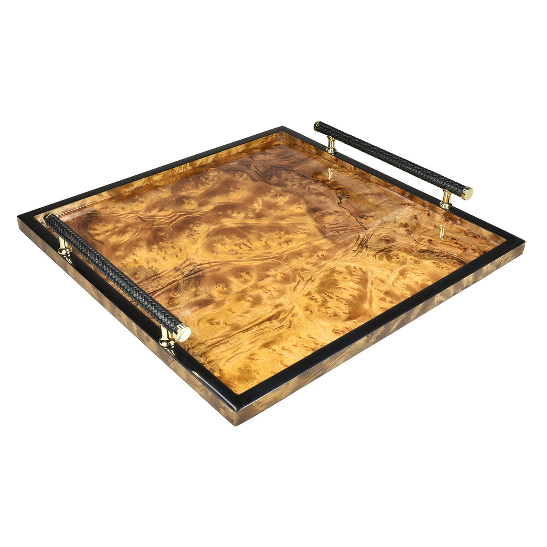 Lacquer Square Tray w/Handle 16" (Walnut Burl with Black Trim)