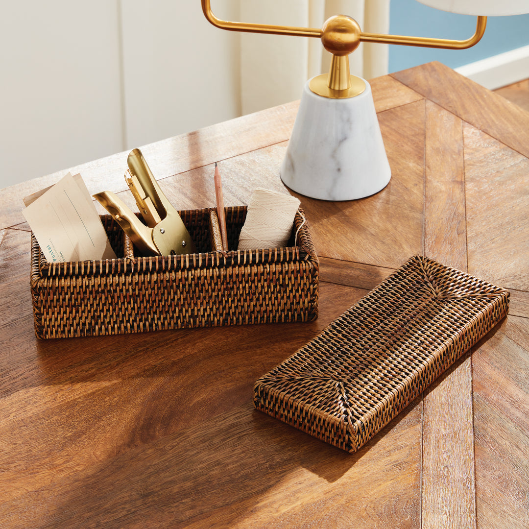 Burma Rattan 3-Compartment Lidded Box (Warm Brown)