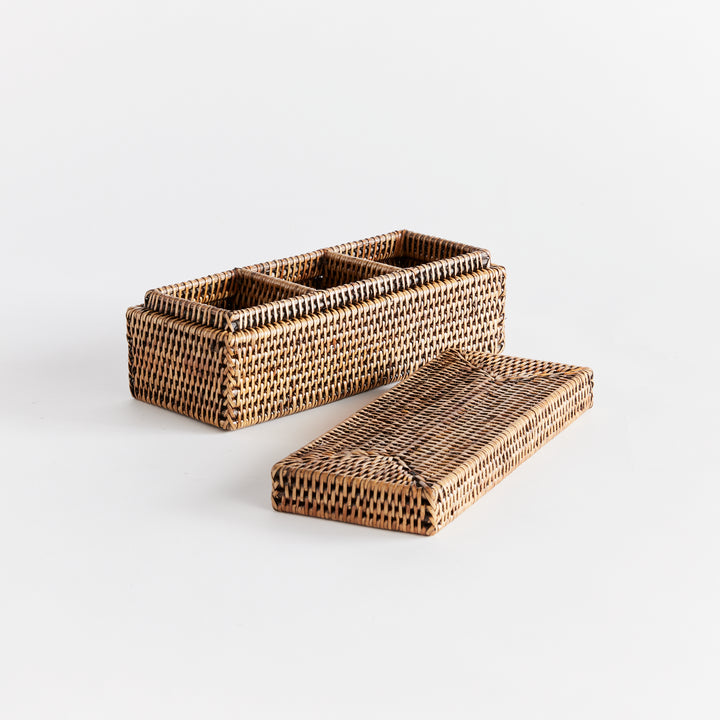 Burma Rattan 3-Compartment Lidded Box (Warm Brown)