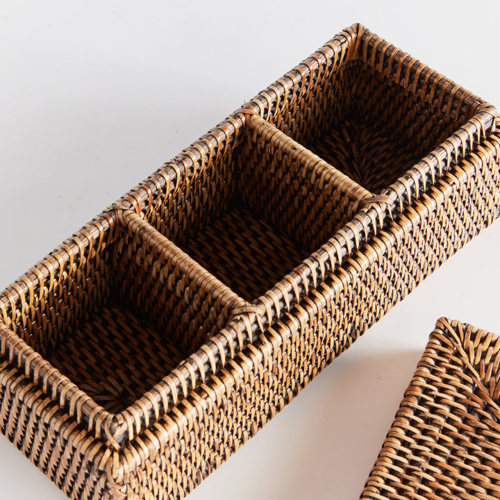 Burma Rattan 3-Compartment Lidded Box (Warm Brown)