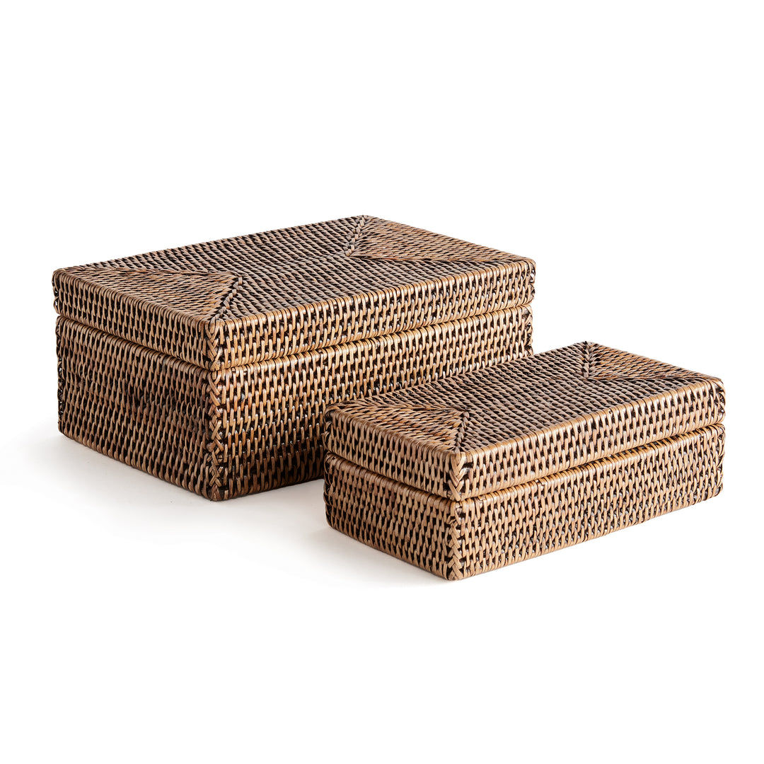 Burma Rattan Rectangular Lidded Boxes, Set Of 2 (Warm Brown)