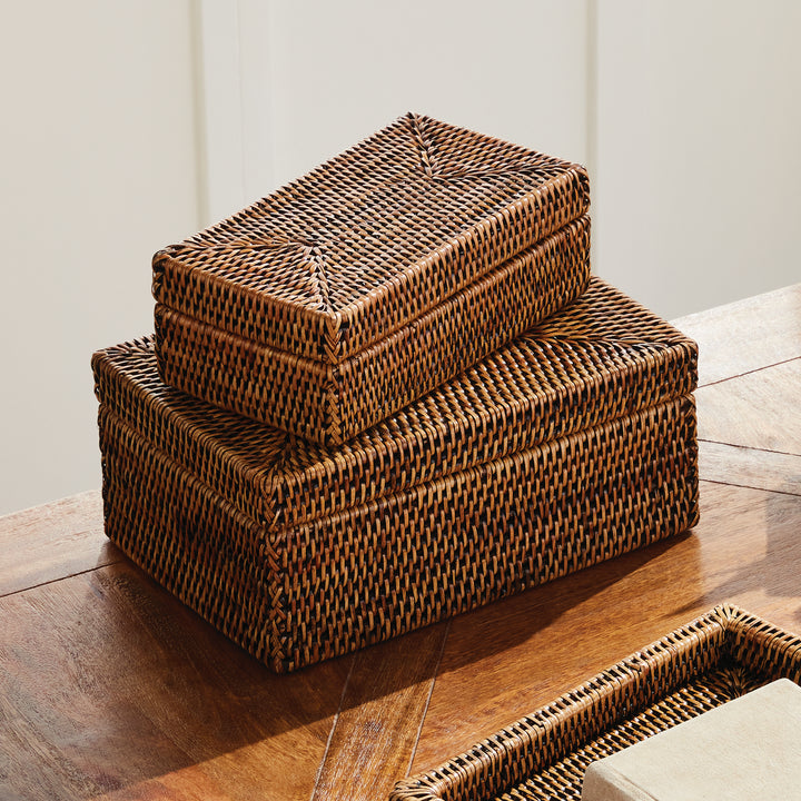 Burma Rattan Rectangular Lidded Boxes, Set Of 2 (Warm Brown)