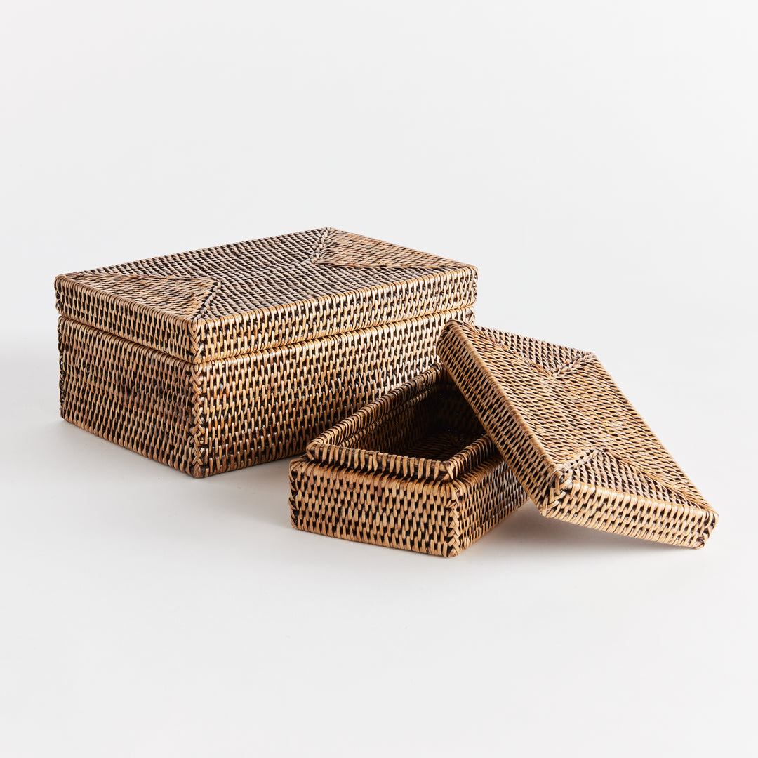 Burma Rattan Rectangular Lidded Boxes, Set Of 2 (Warm Brown)