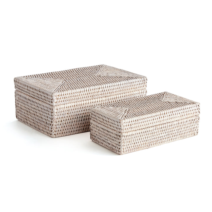 Burma Rattan Rectangular Lidded Boxes, Set Of 2 (Whitwash)