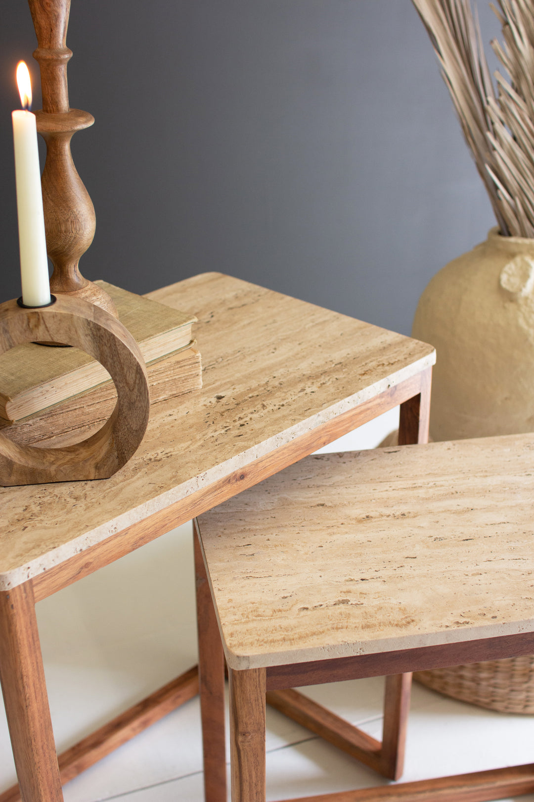 Set Of 2 Nesting Travertine Side Tables With Acacia Wood Bases