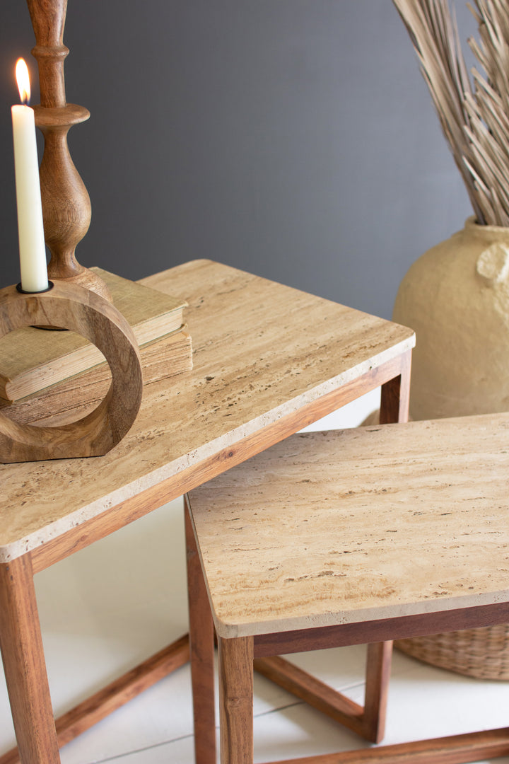 Set Of 2 Nesting Travertine Side Tables With Acacia Wood Bases