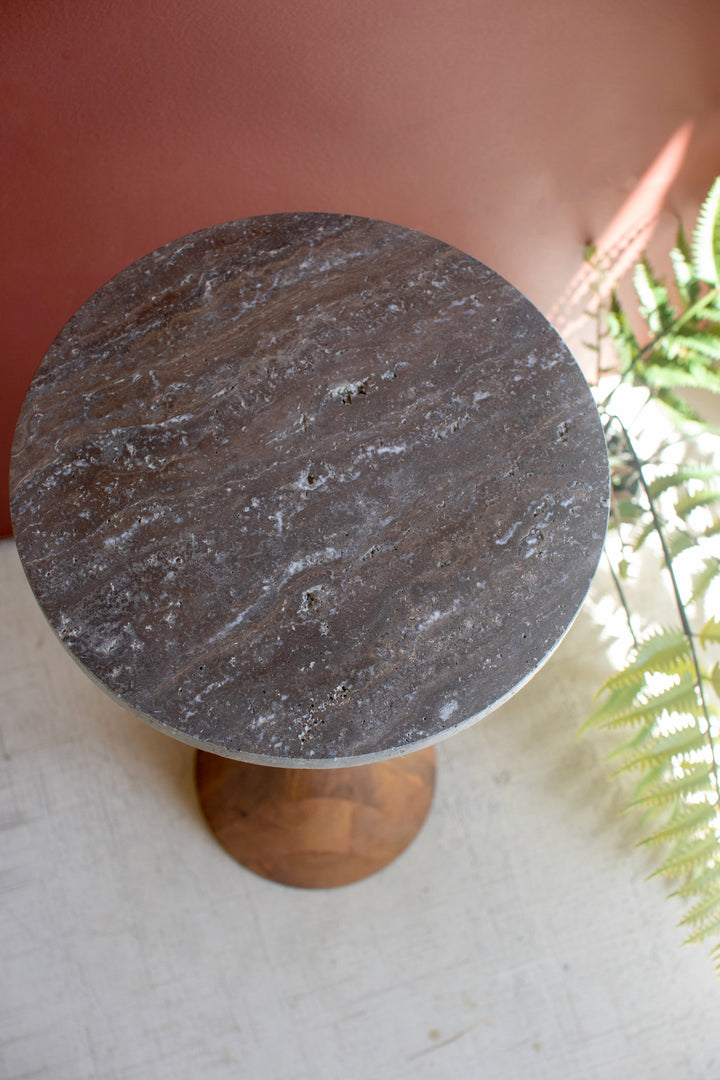 Acacia Wood Cocktail Table with Titanium Travertine Top