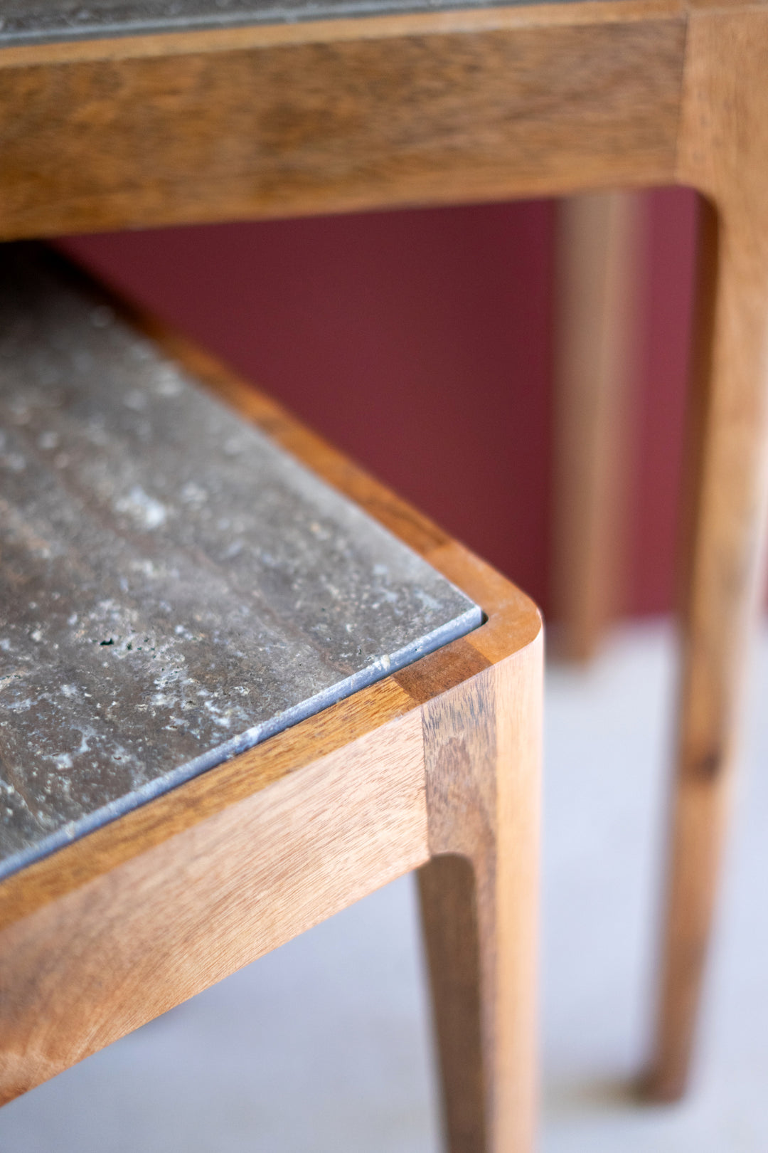 Set of 2 Nesting Acacia Wood Accent Tables with Titanium Travertine Tops