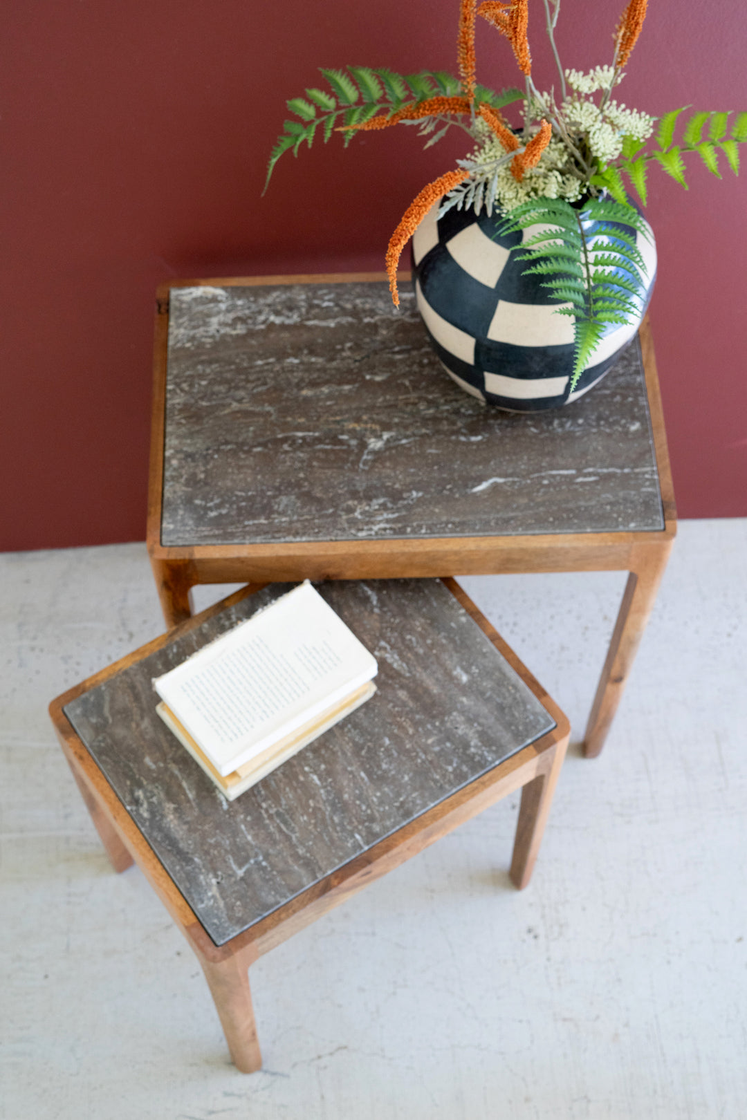 Set of 2 Nesting Acacia Wood Accent Tables with Titanium Travertine Tops