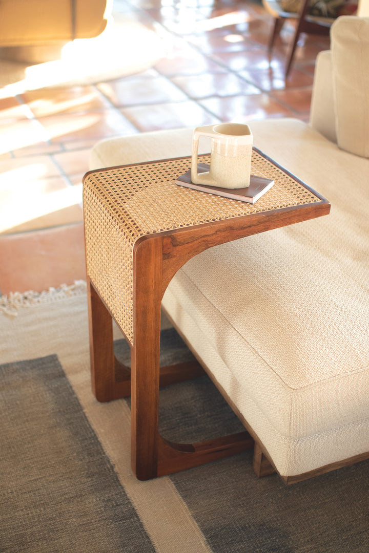 Wood Side Table With Woven Cane Detail