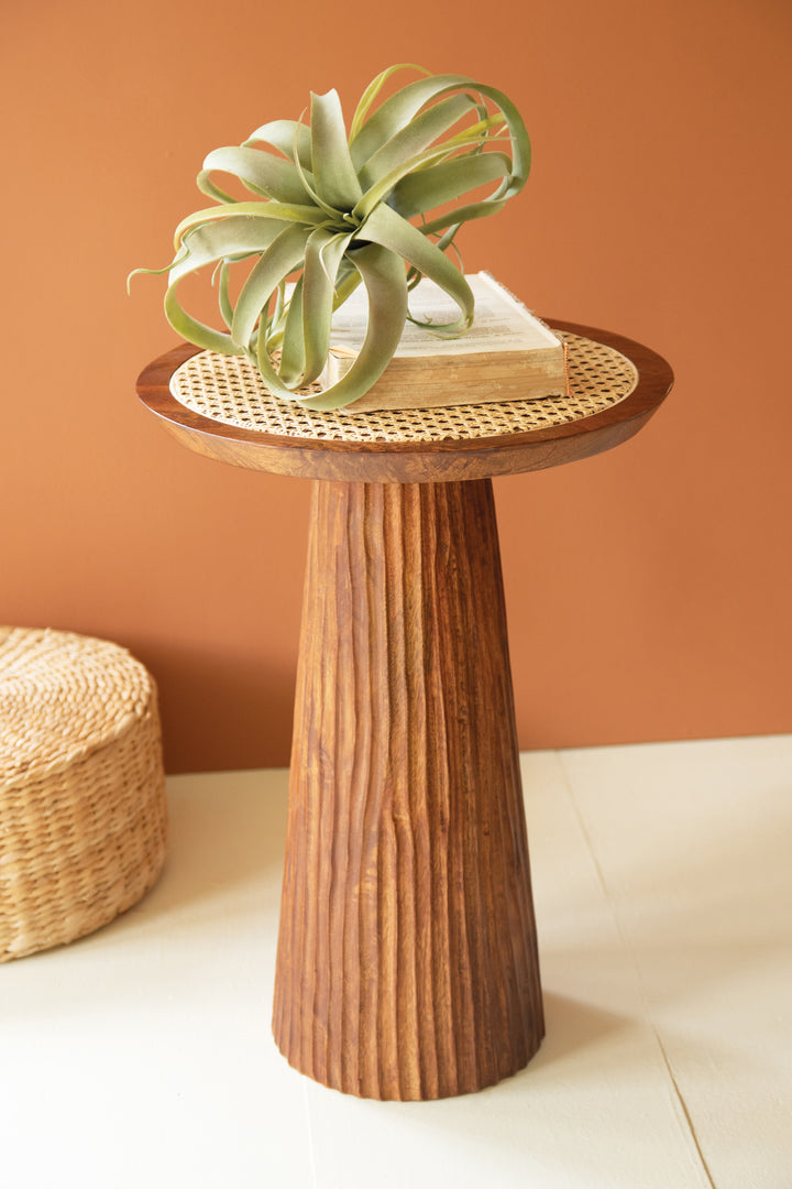 Round Wooden Side Table with Woven Cane Top