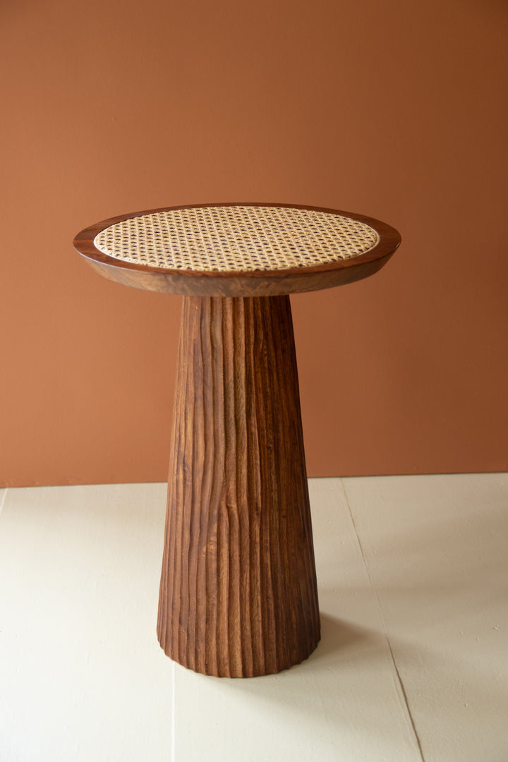 Round Wooden Side Table with Woven Cane Top