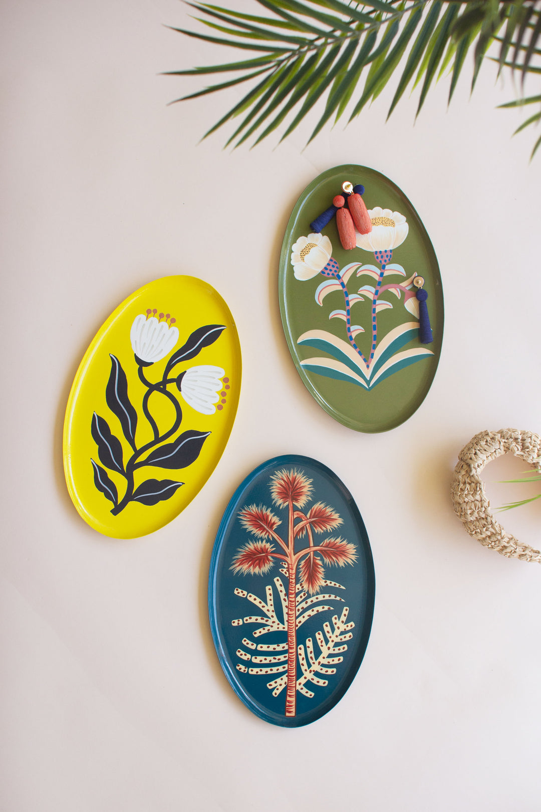 Set of 3 Handpainted Oval Trays with Botanical Designs