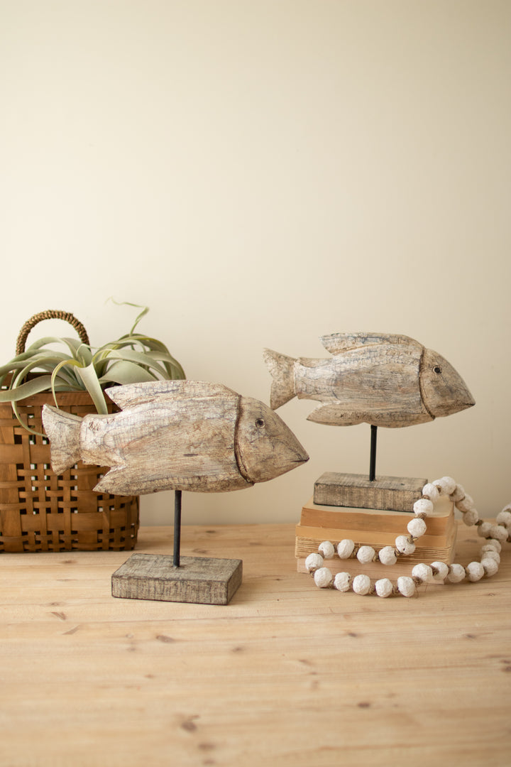Set of 2 Carved Recycled Wooden Fish on Stands