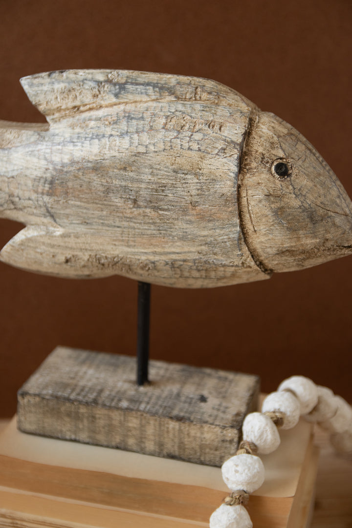 Set of 2 Carved Recycled Wooden Fish on Stands