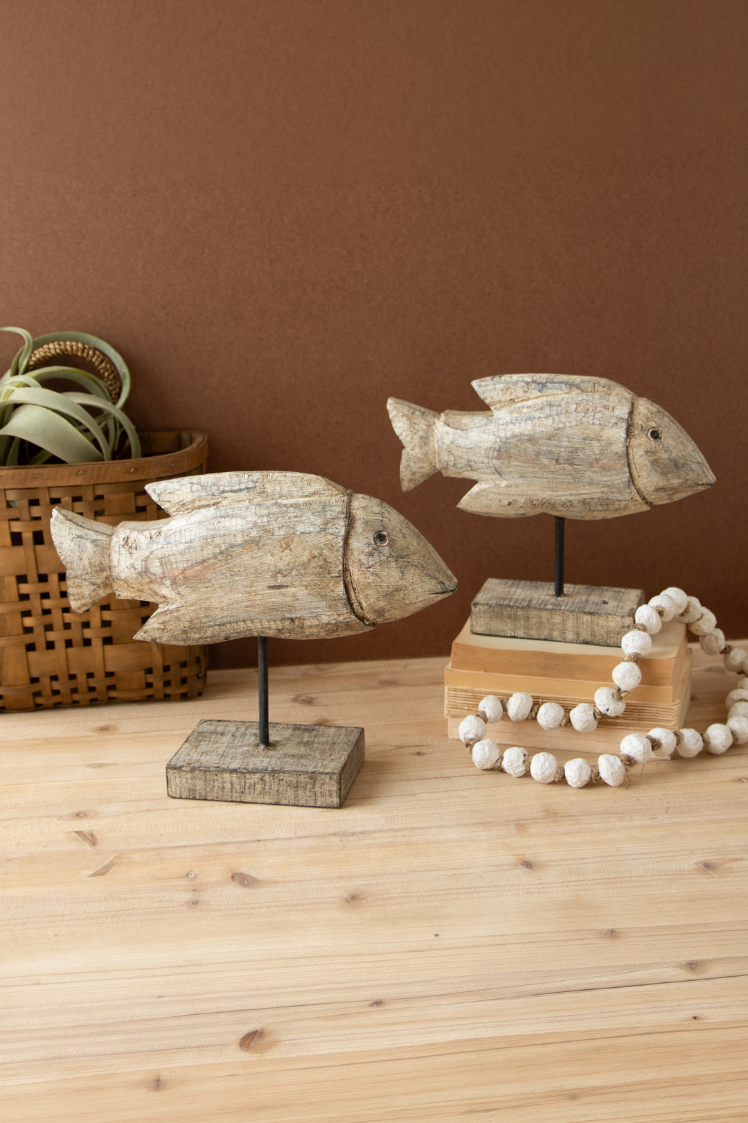 Set of 2 Carved Recycled Wooden Fish on Stands