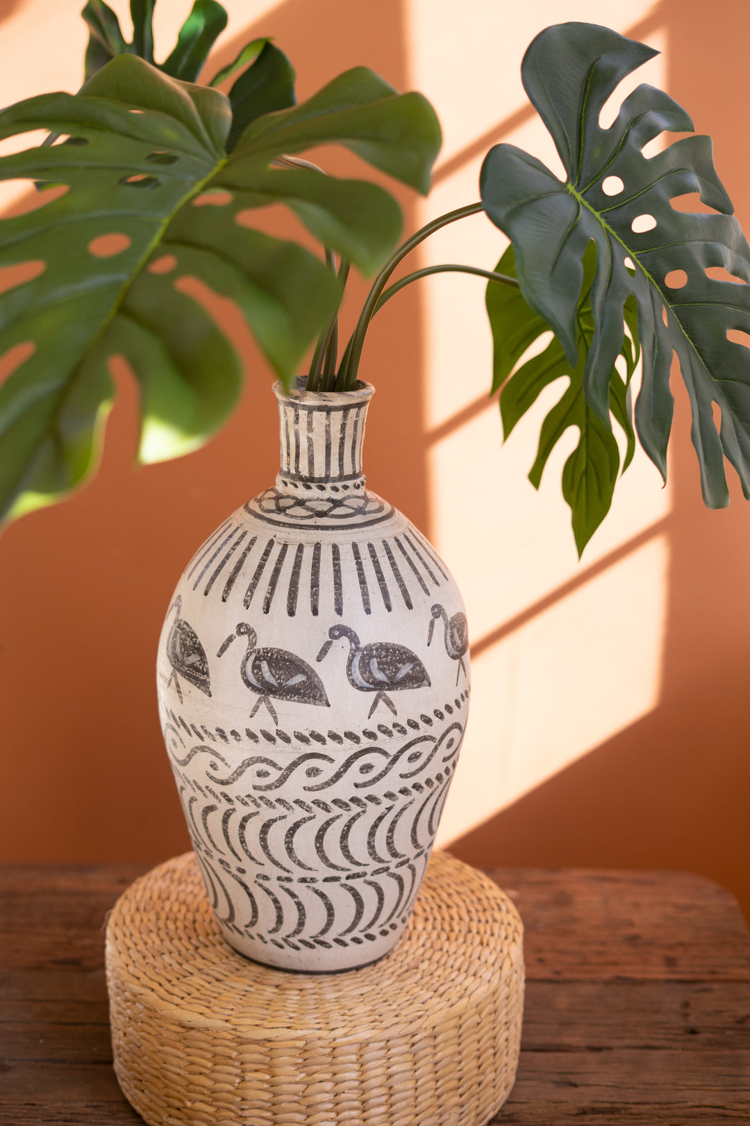 Hand-Painted Clay Bird Vase
