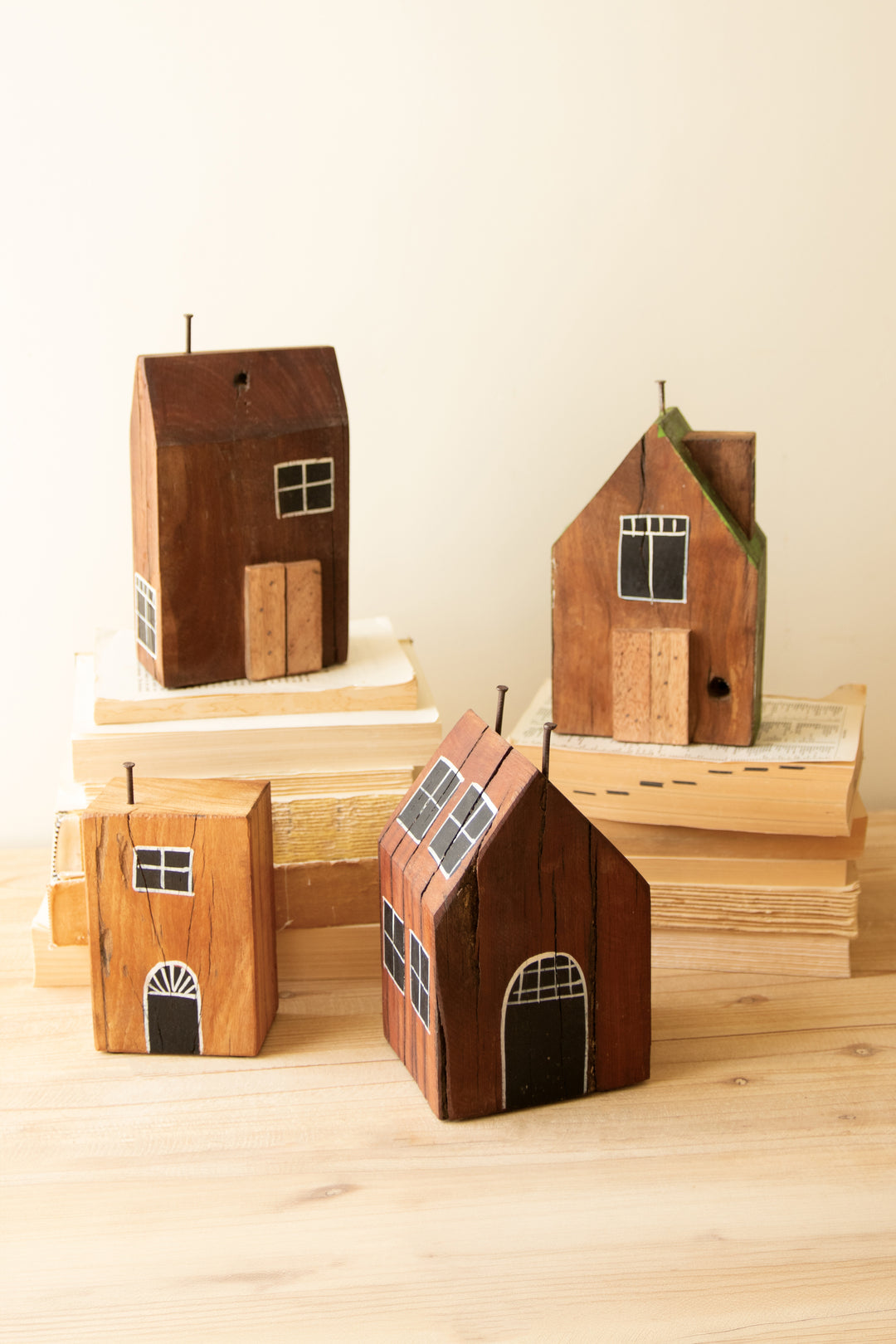Set of 4 Hand-Painted Recycled Wood Village