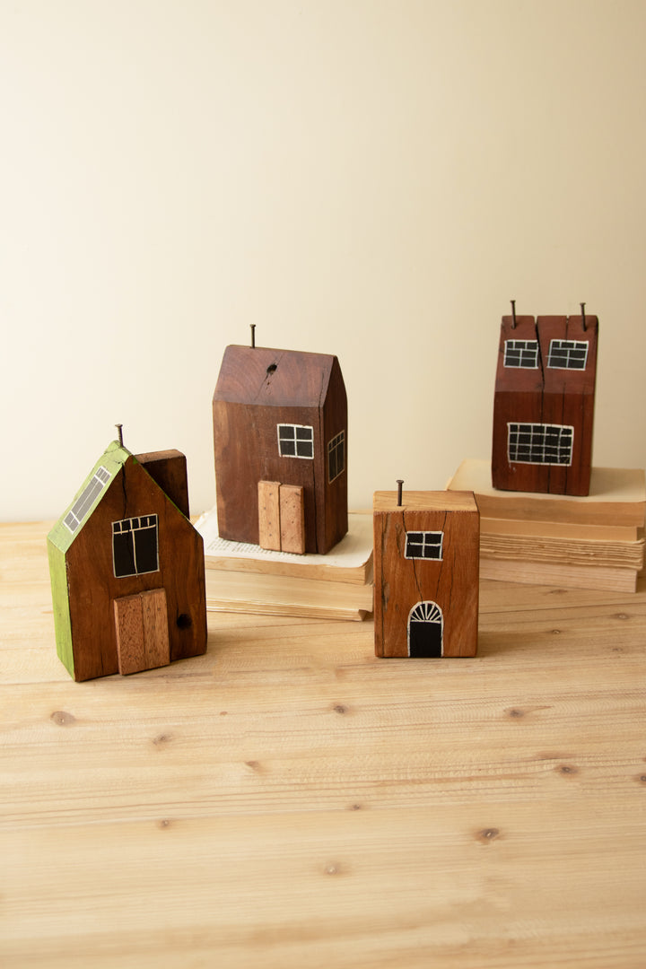 Set of 4 Hand-Painted Recycled Wood Village