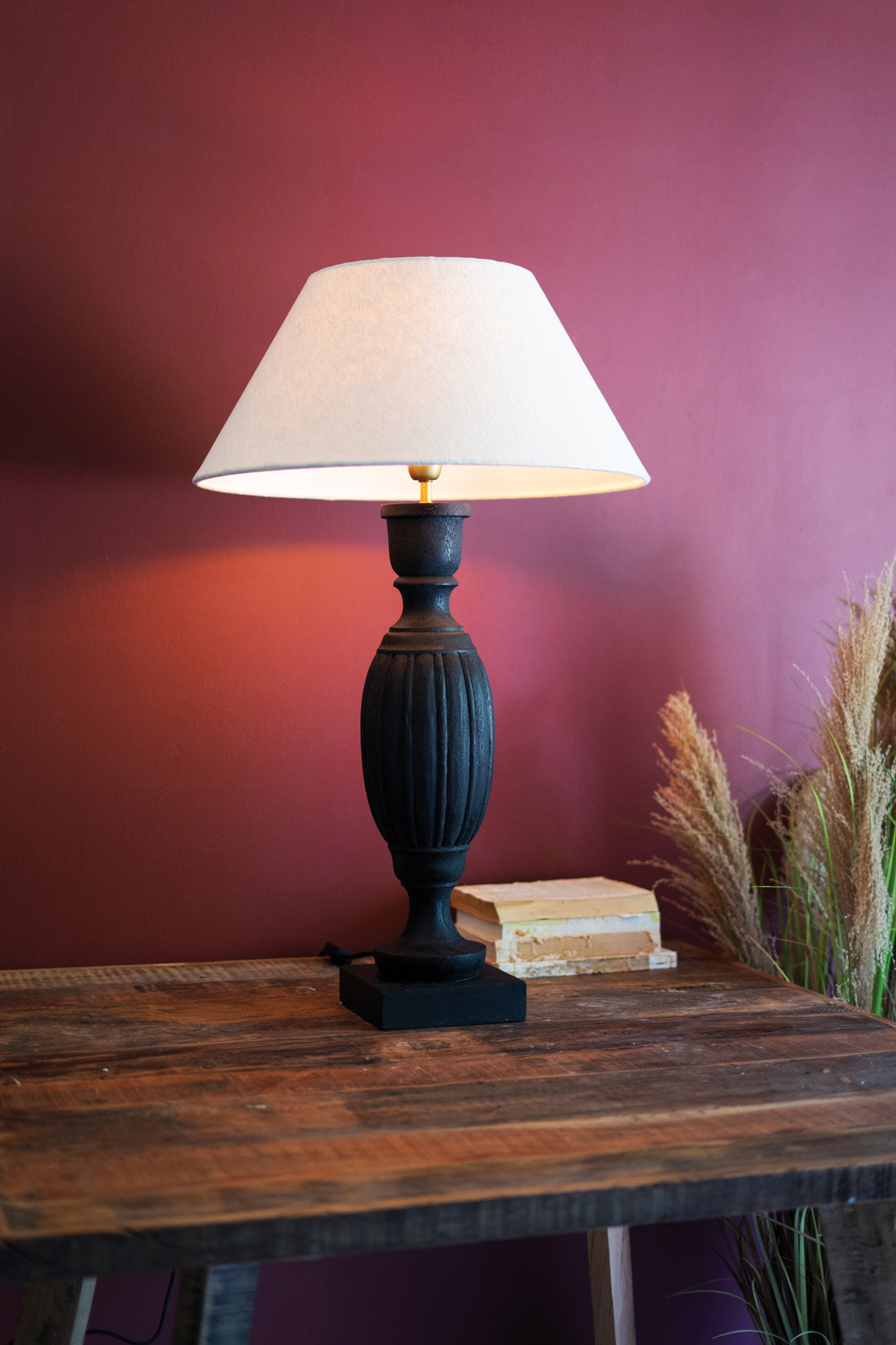 Black Turned Mango Wood Table Lamp with Fabric Shade