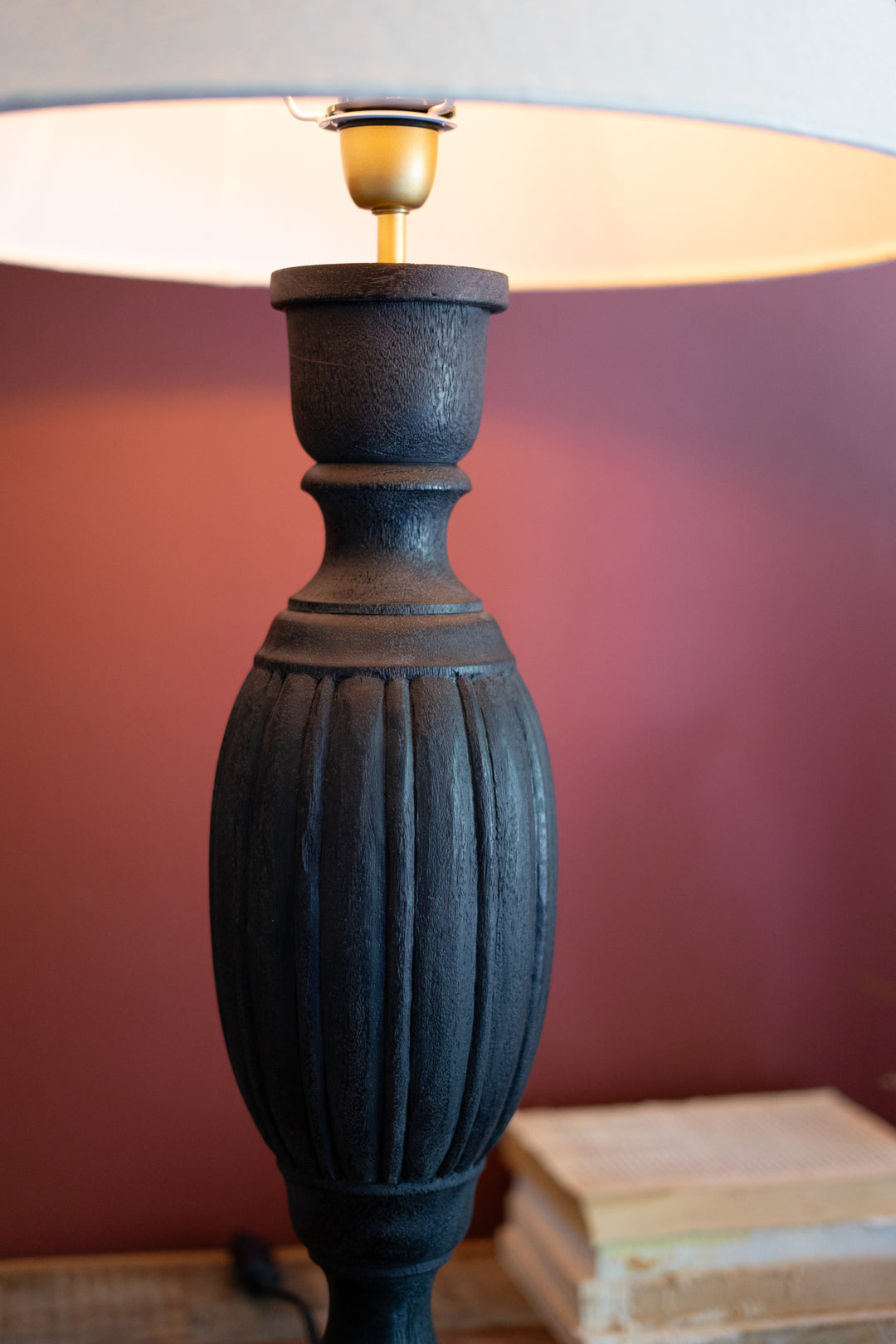 Black Turned Mango Wood Table Lamp with Fabric Shade