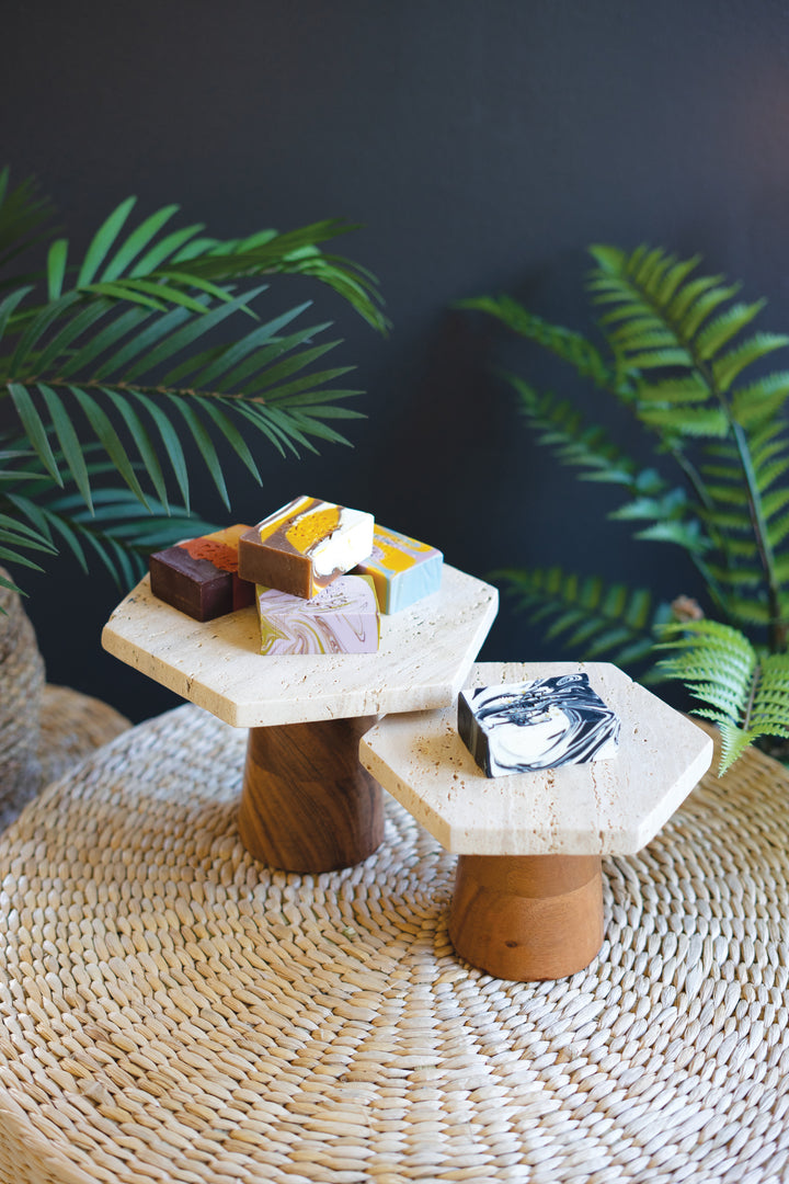 Set Of 2 Travertine Display Pedestals With Mango Wood Bases