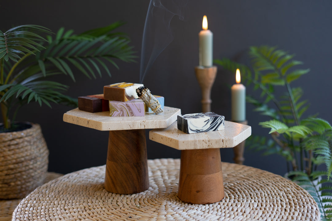 Set Of 2 Travertine Display Pedestals With Mango Wood Bases