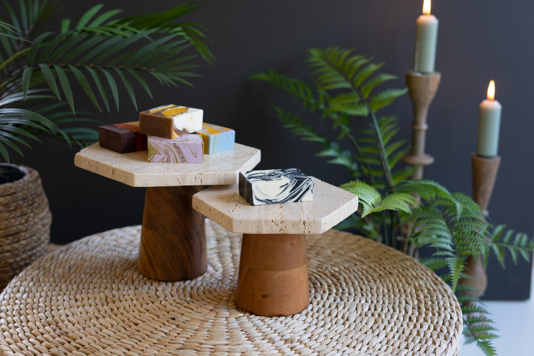 Set Of 2 Travertine Display Pedestals With Mango Wood Bases