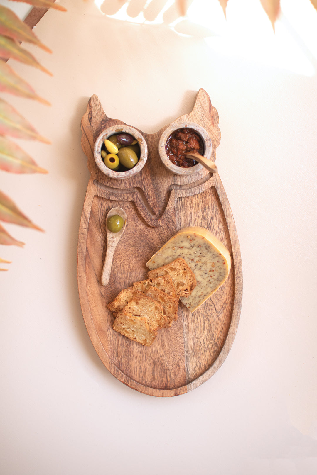 Wooden Owl Serving Board with Marble Bowls