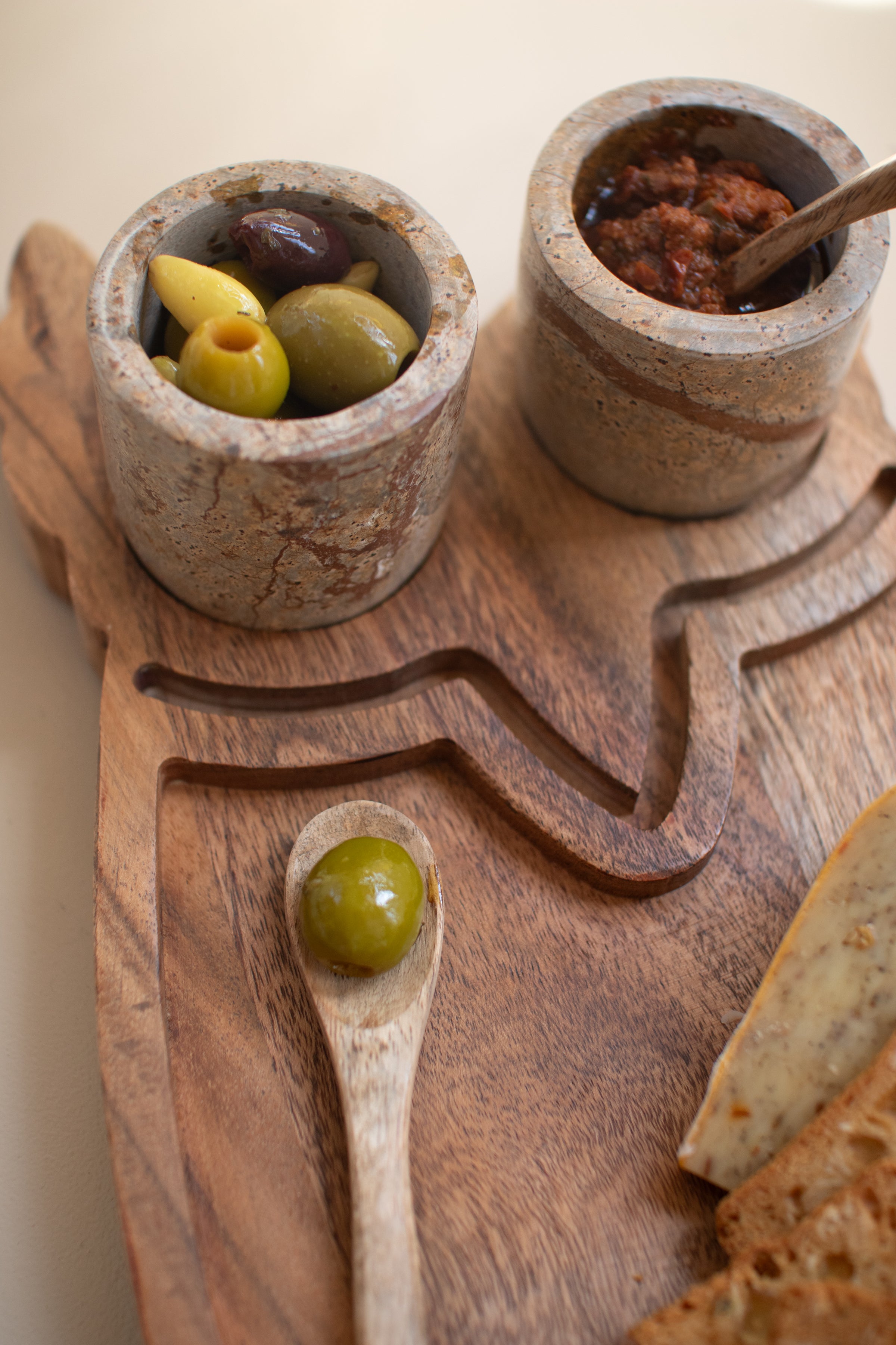 Wooden Owl Serving Board with Marble Bowls