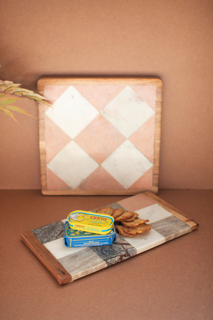 Rectangle Marble and Wood Checkered Serving Board
