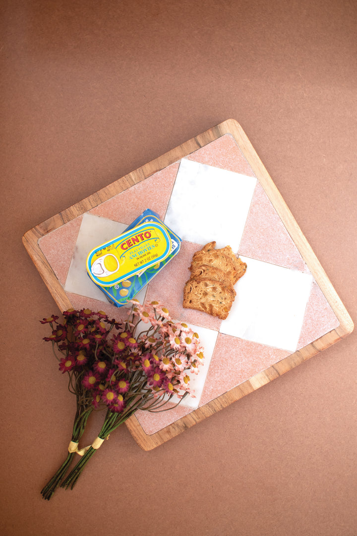 Rectangle Marble and Wood Checkered Serving Board