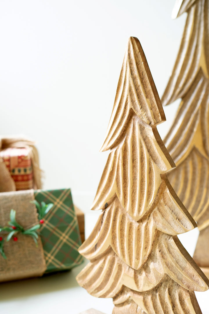 Set of 3 Carved Natural Mango Wood Christmas Trees with Gold Detail