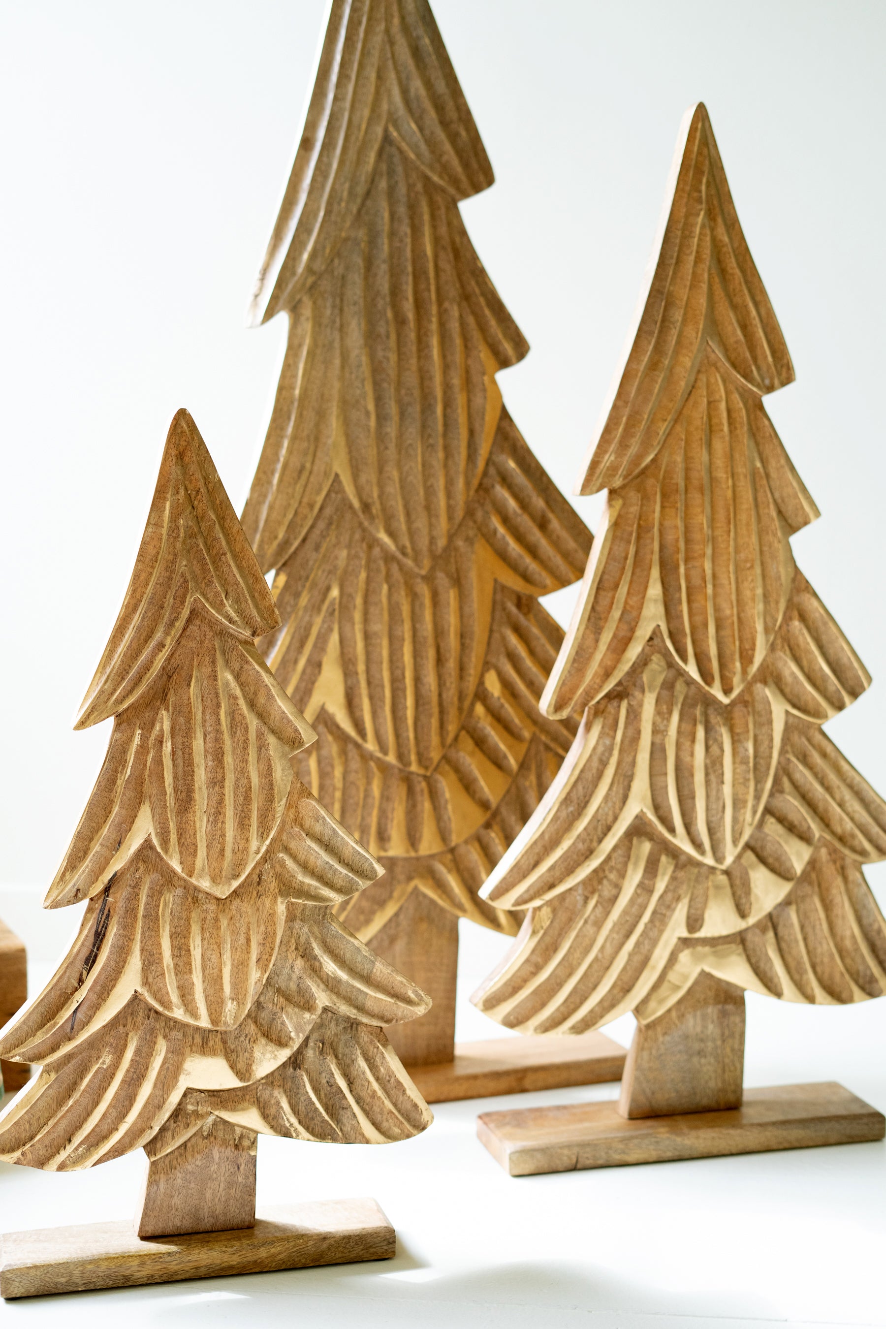 Set of 3 Carved Natural Mango Wood Christmas Trees - Thumbnail 2