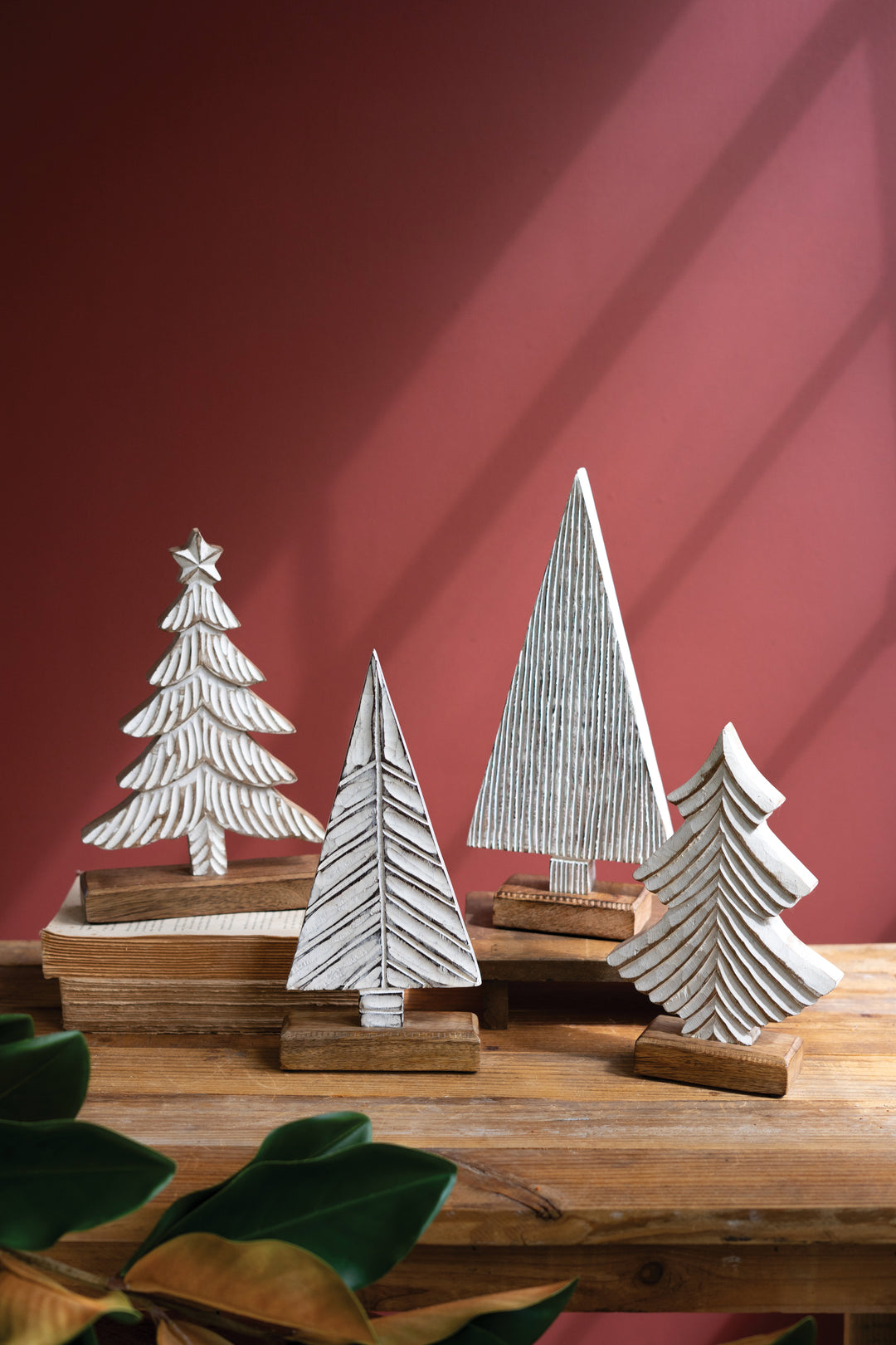 Set of 4 White-Washed Christmas Trees on a Wood Bases