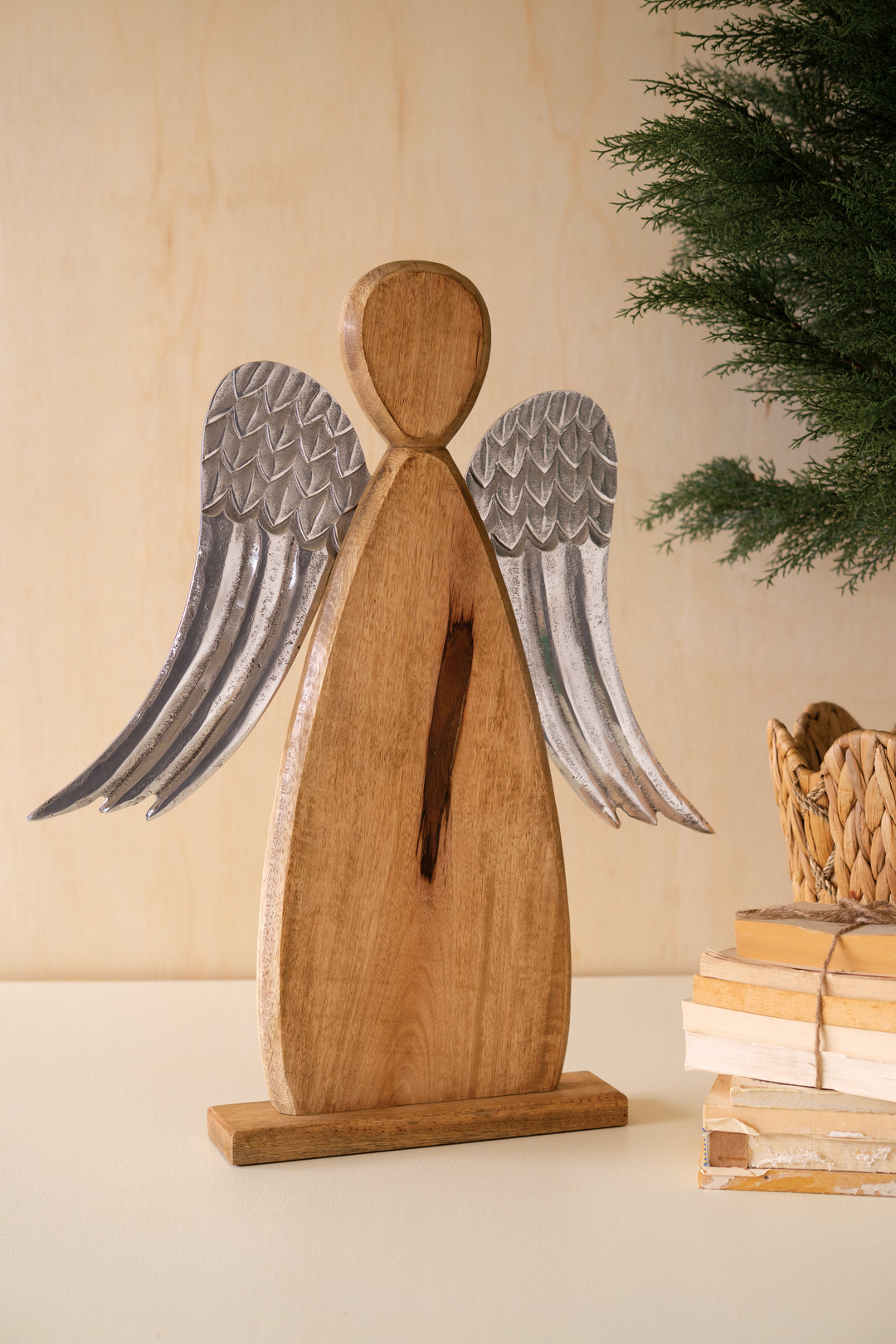 Mango Wood Carved Angel with Aluminum Wings