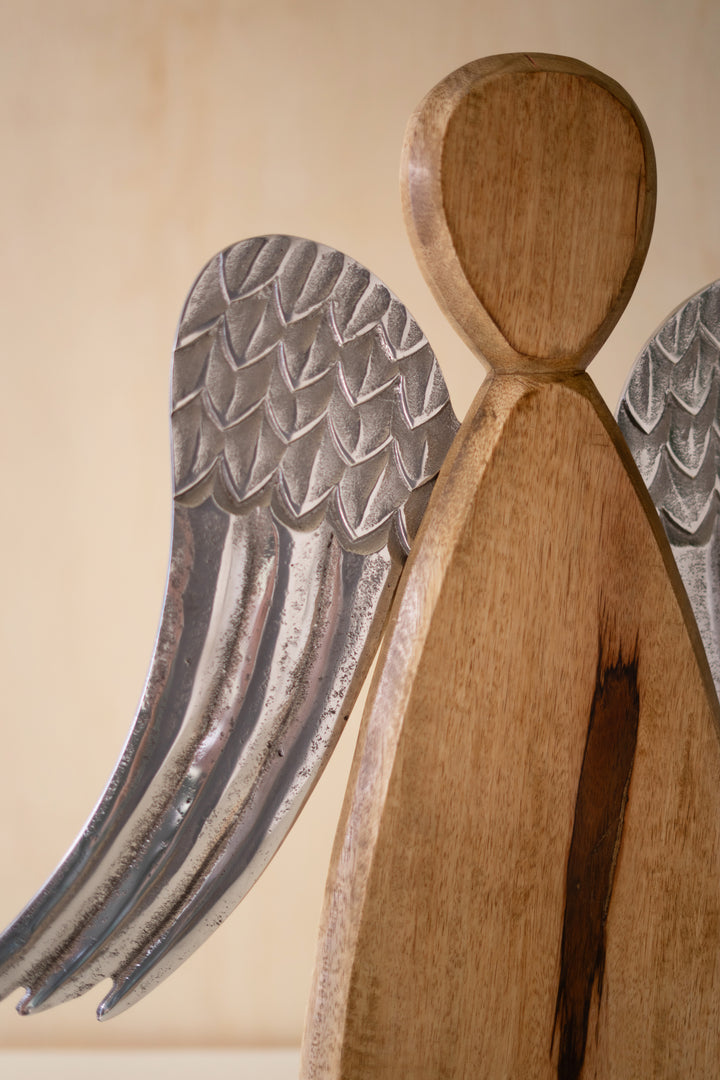 Mango Wood Carved Angel with Aluminum Wings