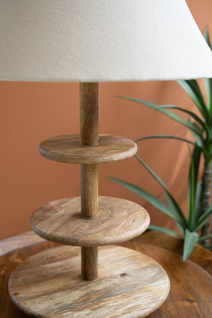 Three-Tiered Mango Wood Table Lamp With Tapered Fabric Shade